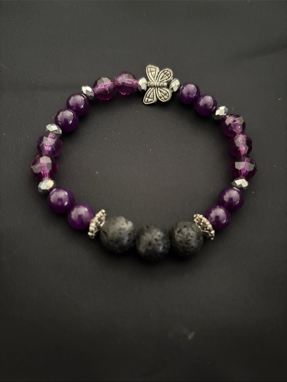 Purple Bead & Lava Stone Stretch Bracelet with Butterfly Accent